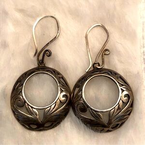 Vintage Circle scroll pattern sterling silver earrings stamped hook back